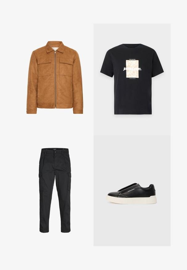 Ruda zomšinė striukė su apykakle, dviem priekinėmis kišenėmis ir centriniais užtrauktukais. Charakterizuoja lygi tekstūra ir laisvas siluetas.; Juodas medvilninis marškinėliai su apvaliu kaklu. Ant priekinės pusės yra smėlio spalvos stačiakampis grafikas ir baltas tekstas "JAWO", centrinėje dalyje. Trumpi rankoviai.; Juodi krovinių tipo džinsai, pagaminti iš tvirto audinio, su keliais kišeniais, mygtuko uždarymu ir siauru, prigludusiu dizainu su siaurėjančiomis kojomis.; Juodi slip-on sportbačiai su tekstūruota odos viršutine dalimi, balta gumine padai ir be matomų raištelių. Šone yra prekės ženklo logotipas.