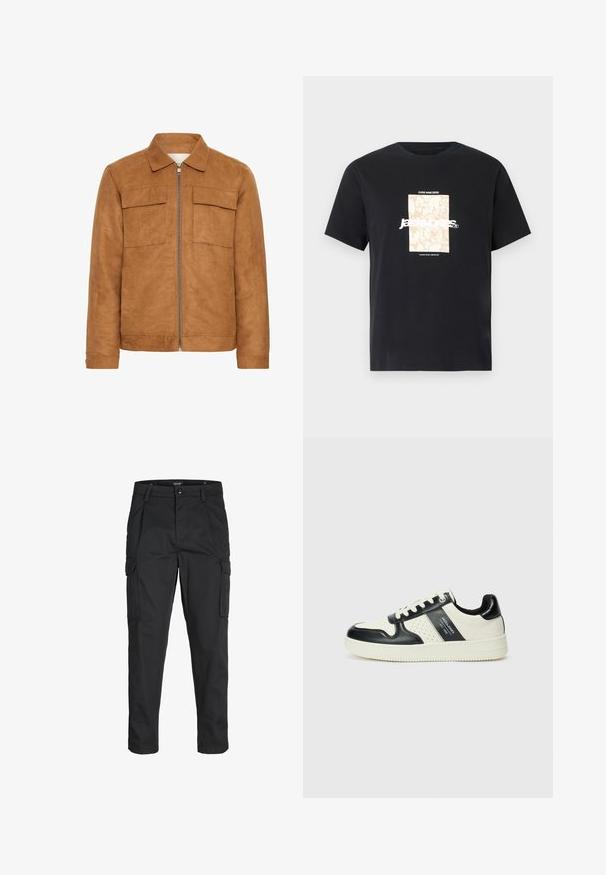 Braune Wildlederjacke mit Kragen, zwei vorderen Taschen und einem zentralen Reißverschluss. Sie zeichnet sich durch eine glatte Textur und eine lässige Silhouette aus.; Schwarzes Baumwoll-T-Shirt mit Rundhalsausschnitt. Hat eine beige rechteckige Grafik und weißen Text "JAWO", zentriert auf der Vorderseite. Kurze Ärmel.; Schwarze Cargo-Hose aus robustem Material, mit mehreren Taschen, einem Knopfverschluss und einem Slim-Fit-Design mit schmal zulaufenden Beinen.; Leder-Sneaker in Schwarz- und Cremetönen, mit perforierten Akzenten, einem gepolsterten Kragen und einer strukturierten Laufsohle.