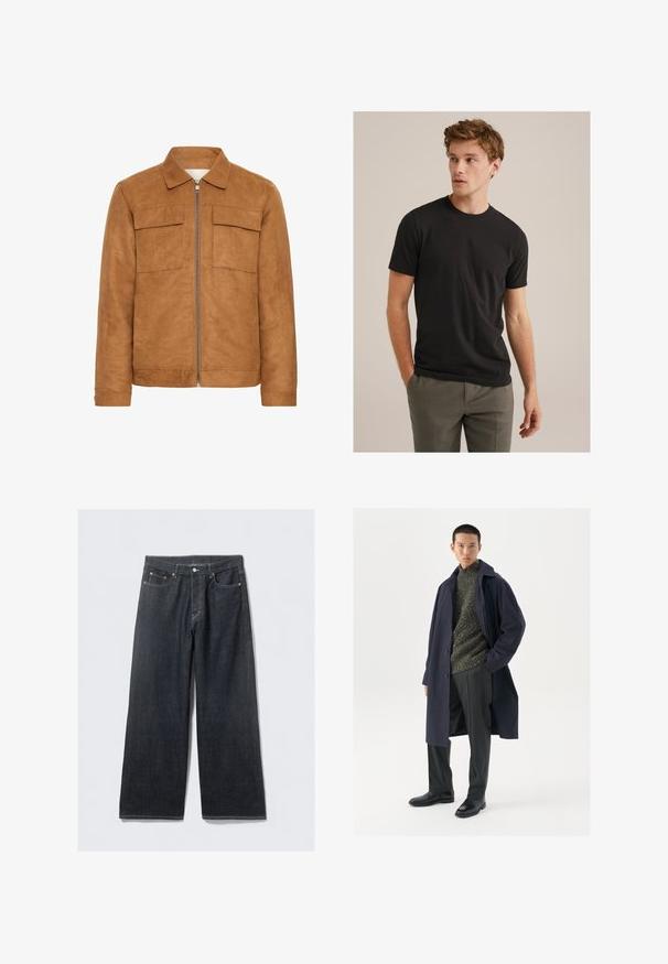 Braune Wildlederjacke mit Kragen, zwei vorderen Taschen und einem zentralen Reißverschluss. Sie zeichnet sich durch eine glatte Textur und eine lässige Silhouette aus.; Junger Mann mit lockigem, hellbraunem Haar, der ein schwarzes T-Shirt mit kurzen Ärmeln und graue Hosen trägt. Er schaut nach links und hat die Hände in den Taschen.; Dunkelblaue, weite Jeans mit hoher Taille, ausgestattet mit Kupfernieten und Kontrastnähten, glatter Textur und ohne sichtbare Muster.; Marineblauer Mantel mit Knopfverschluss, grünem strukturiertem Pullover, schwarzen Hosen und schwarzen Lederstiefeln. Glatte Stoffqualität mit klarer Silhouette.