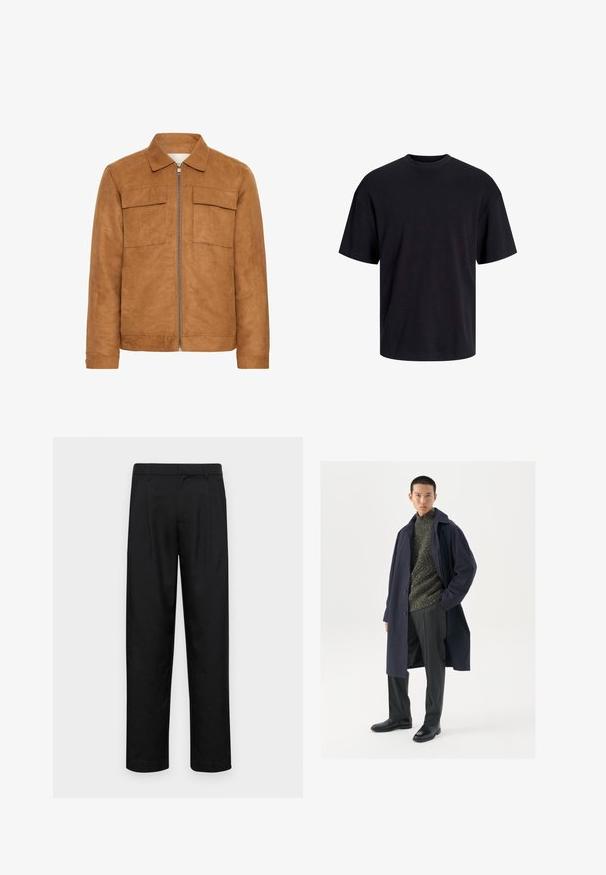 Brown suede jacket with a collar, two front pockets, and a central zipper. Features a smooth texture and a relaxed silhouette.; Black cotton t-shirt with a crew neckline, short sleeves, and a relaxed fit. Smooth texture and no visible patterns or accents.; Black trousers made of smooth fabric, featuring a straight-leg design, two front pleats, and standard waistband with belt loops.; Navy coat with button closure, green textured sweater, black trousers, and black leather boots. Smooth fabric with structured silhouette.