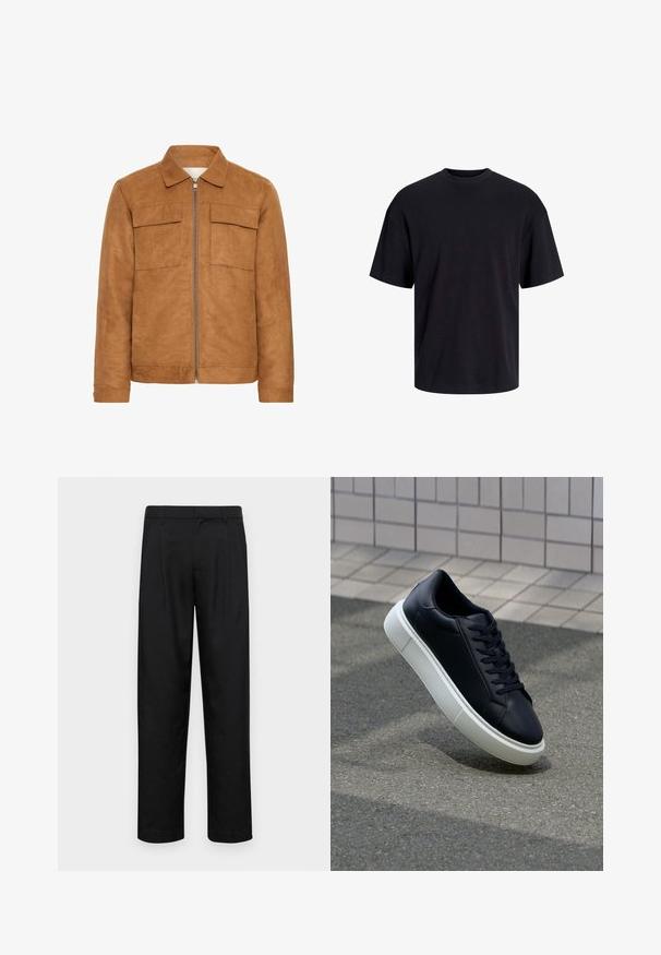 Veste en daim marron avec un col, deux poches avant et une fermeture éclair centrale. Présente une texture lisse et une silhouette décontractée.; T-shirt en coton noir avec un col ras du cou, des manches courtes et une coupe décontractée. Texture lisse sans motifs ni accents visibles.; Pantalons noirs en tissu lisse, avec une coupe droite, deux plis avant et une taille standard avec passants de ceinture.; Baskets noires en cuir avec bout arrondi et semelle en caoutchouc blanc. Elles présentent des lacets plats et une couture minimale sur la tige. Semelle texturée pour une bonne adhérence.