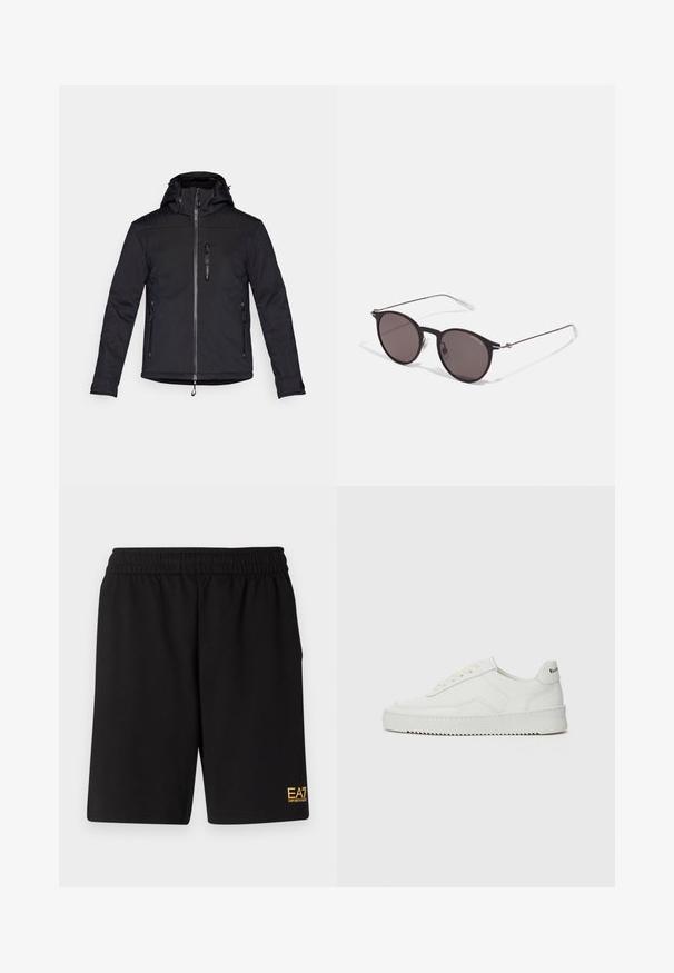 EA7 Emporio Armani KITZBUHEL JACKET - Slidinėjimo striukė - black; Juodas medvilninis marškinėliai su apvaliu iškirpu, trumpomis rankovėmis ir baltu "EMPORIO ARMANI" logotipu virš "Milano" kreivame dizaino.; Juoda sportinė šortai, pagaminti iš minkštos medžiagos, su elastingu diržu ir maža geltona EA7 logo apatinėje kairėje kojoje.; Balti odiniai sportiniai bateliai su lygia apdaila, apvaliu pirštu, plokščiais raišteliais ir tekstūruotu padu. Pasižymi subtiliu logotipu ant kulno.; Juodos apvalios saulės akinių su tamsiais lęšiais ir plonomis metalinėmis šakomis. Įtraukti skaidrūs šventyklų galai ir sidabriniai akcentai vyrio srityje. Minimalistinis dizainas.