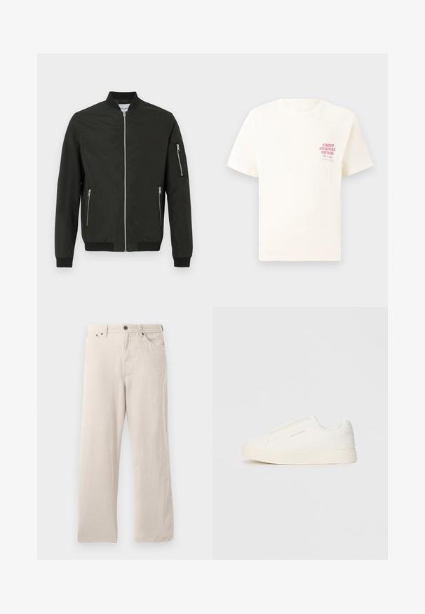 Casaco bomber preto com fecho frontal, dois bolsos laterais com zip, bolso com zip no manguito esquerdo, gola, punhos e bainha canelados.; T-shirt branca de mangas curtas com o texto vermelho "Edição Originais do Estúdio" no lado esquerdo do peito, apresentada sobre um fundo cinza neutro.; Calças de veludo cotelê bege com um corte reto, apresentando uma textura ribada, design de cinco bolsos e fecho de botão.; Sapatilhas brancas de atacar com uma superfície texturizada, sola grossa e design minimalista. Possui o logo da marca na lateral.