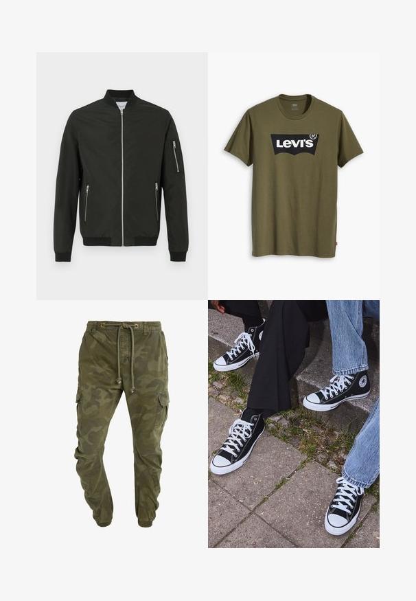 Giubbotto bomber nero con zip frontale, due tasche laterali con zip, tasca con zip sulla manica sinistra, colletto, polsini e orlo a coste.; T-shirt di cotone verde oliva con un grande logo Levi's nero in una forma semi-arcuata a contrasto sul petto. Vestibilità regolare.; Pantaloni cargo verdi con motivo camouflage, vita con coulisse, polsini elasticizzati e tasche laterali. Realizzati in tessuto resistente.; Sneakers alti neri in tela con suole e lacci bianchi, dotati di un logo circolare di lato e abbinati a pantaloni in denim e neri.
