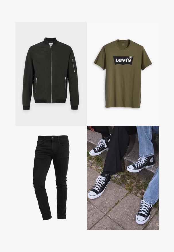 Casaco bomber preto com fecho frontal, dois bolsos laterais com zip, bolso com zip no manguito esquerdo, gola, punhos e bainha canelados.; T-shirt de algodão verde-oliva com um grande logótipo preto da Levi's em forma semi-arqueada contrastante no peito. Corte regular.; Jeans pretos slim fit com bolsos frontais, passantes para cinto, fecho botão e ligeiras marcas de vincos ao longo das pernas.; Sneakers de lona pretos de cano alto com solas e atacadores brancos, apresentando um logótipo circular de lado e combinados com calças de ganga e calças pretas.
