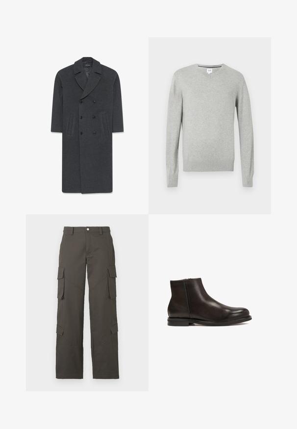 Šedý vlněný dvojřadý kabát s klopovým límcem, dvěma předními kapsami a zapínáním na knoflíky. Hladká textura a přizpůsobený design.; Svetle šedý svetr, design s výstřihem do V, dlouhé rukávy, žebrované manžety a lem, měkká textura. Značka umístěná na výstřihu.; Bílá bavlněná tričko s kulatým výstřihem, krátkými rukávy a volným střihem. Hladká textura, bez vzorů nebo ozdob.; Tmavě šedé cargo kalhoty rovného střihu s zapínáním na knoflík a čtyřmi klopovými kapsami, dvě na stehnech a dvě poblíž lýtek.; Černá kožená kotníková bota s hladkým povrchem, zaoblenou špičkou a nízkým podpatkem. Obsahuje boční zip pro snadné obouvání.