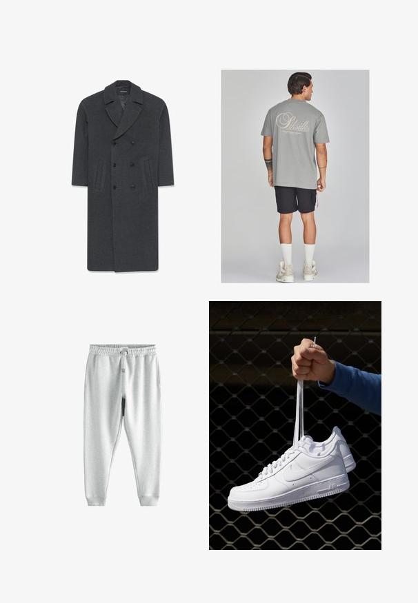 Sivý vlnený kabát na dvojité zapínanie s vykrojeným golierom, dvoma prednými vreckami a gombíkovým uzatváraním. Hladká textúra a strih prispôsobený postave.; Šedé bavlnené tričko s veľkým krémovým logom na chrbte, v kombinácii s čiernymi šortkami. Model má na sebe biele ponožky a béžové tenisky.; Sivé tepláky s elastickým pásom na šnúrku, dvoma bočnými vreckami a úzkymi členkami, vyrobené z jemnej textúrovanej látky.; Biele kožené tenisky s perforáciami, okrúhlou špičkou, plochou podrážkou a hrubými šnúrkami, pričom majú viditeľné logo swoosh a nápis "AIR" na päte.