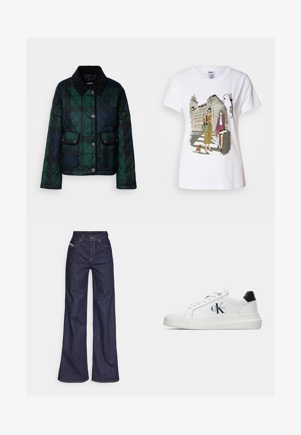 Tume roheline quiltitud jakk, millel on kaelus, nupple closure ning kaks esist karabiiniga suletavat taskut.; Valge puuvillane T-särk, millel on trükitud illustreerimine kahest naisest, kes kannavad linnastiili, koos koeraga ülekäigurajal ning linnamajadega.; Tumedates sinised laiad teksad denimpesus, kõrge vöökohaga, mis on varustatud oranžide õmblustega, viie-taskulise disaini ja nööbiga kinnitusega.; Valge madalate sokkidega jooksutoss, millel on must konts, platvormi tallad, paelad ja Calvin Kleini "CK" logo küljel.