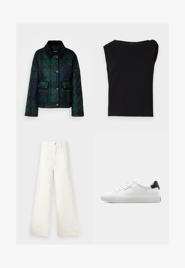 Casaco acolchoado em tons de verde escuro, com gola, fecho de botões na frente e dois bolsos frontais com fecho de pressão.; Top preto de manga curta feito de tecido suave. Apresenta um decote redondo e detalhe drapeado no ombro. Design simples e ajustado.; Calças largas em algodão bege claro. Apresentam uma cintura alta, bolsos frontais e um corte reto. Acabamento de bainha limpo, sem padrões.; Sapatilha branca com acabamento liso, detalhe preto no calcanhar e design com atacadores. Apresenta a marca "Calvin Klein" na lateral. Estilo minimalista.