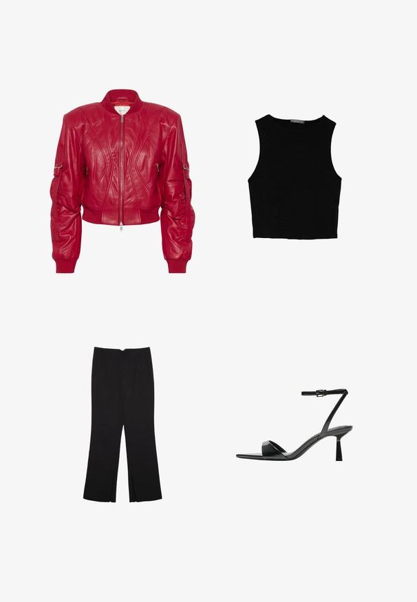 Gestuz ZANIA - Lederjacke - haute red; Schwarzes ärmelloses Crop-Top aus glattem Stoff, mit rundem Ausschnitt und einem klaren, schlichten Design ohne Muster oder Beschläge.; Schwarze Hose mit geradem Schnitt, ausgestattet mit Fronttaschen und Seitenschlitzen am Saum. Hergestellt aus weichem, glattem Stoff. Geeignet für verschiedene Anlässe.; Bershka High Heel Sandalette - black