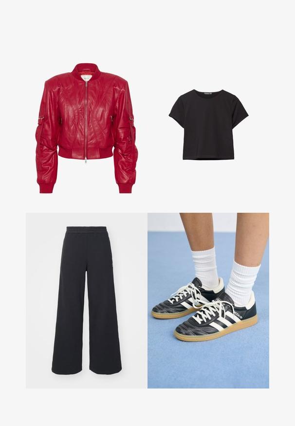 Gestuz ZANIA - Kožnata jakna - haute red; Crna kratka majica s kratkim rukavima izrađena od mekog materijala, s okruglim izrezom i opuštenim krojem te čistim rubom.; Crne široke sweatpants hlače napravljene od mekog materijala, s elastičnim strukom i malim logotipom s lijeve strane.; Crne kožne atletike s bijelim trakama, okruglim prstima, bijelim vezicama i gumeni potplat. Naglašene jastučićem oko gležnja i detaljima s brandingom.