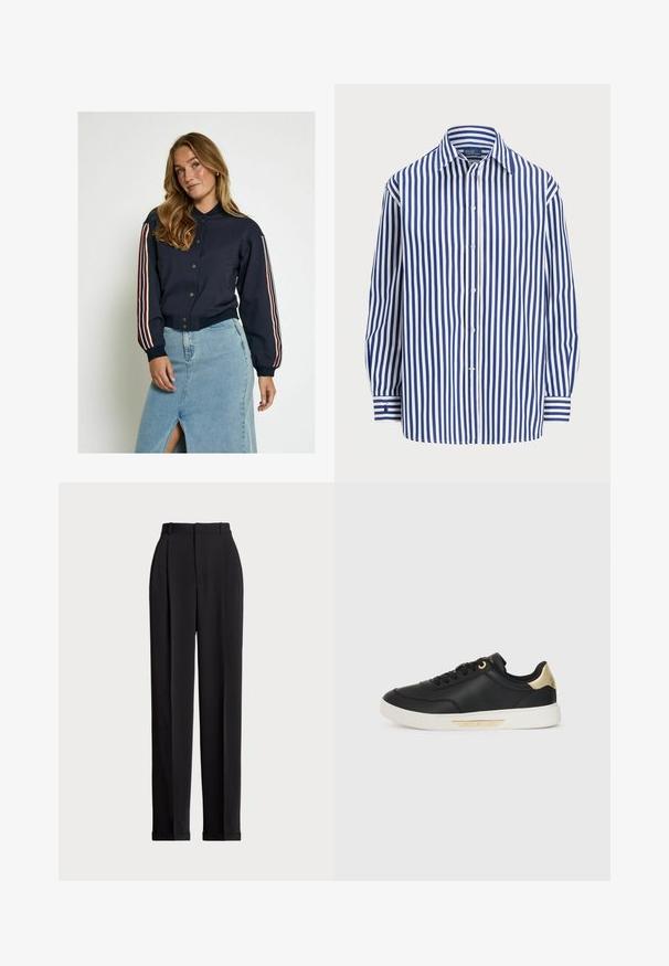 Mereel laevade pommivest, millel on nupuga sulgemine, punase ja valge triibuga varrukatel. Pehme kangas, soonikkudega mansetid ja lühike pikkus.; Rö stripiga särki, kus on vertikaalsed tumesinised ja valged triibud, nööpidega esiosa ja klassikaline krae. Pikad varrukad, millel on nööp-kätised.; Mustad kohandatud püksid kõrge vöökohtaga, ees plisseeritud, sirge sääre disainiga ja mansetiga hem. Valmistatud sileda kangaga.; Must have nahkapäkk, millel on sile tekstuur, valge kummitald, kuldsed aktsendid kanna ja silmade ümber, külgedel logo.