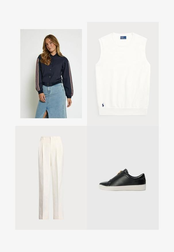 Mornarska bombarder jakna s kopčanjem, ukrašena crvenim i bijelim prugama na rukavima. Mekani materijal, rebrasti manžeti i skraćena dužina.; Bijela bezrukavna majica izrađena od glatkog pamuka, s rebrastim donjim rubom i malim mornarsko plavim logotipom na donjoj lijevoj strani. Jednostavan dizajn, bez uzoraka.; Polo Ralph Lauren HEMP WIDE LEG PANT - Hlače - nevis; Crne kožne cipele bez vezica s podignutom šavom, srebrnim detaljem na gornjem dijelu i bijelom gumenom potplatom s urezanim brendiranjem.