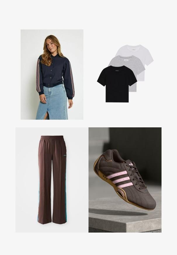 Navy bomber jacket with button closure, featuring red and white stripes on sleeves. Soft fabric, ribbed cuffs, and cropped length.; Set of three short-sleeve t-shirts in black, gray, and white. Made from cotton, featuring a crew neck and a simple, solid color design.; Brown athletic pants with a ribbed texture, elastic waistband, and turquoise side stripes. Features the adidas logo on the front.; Brown suede athletic shoe with pink stripes and logo, featuring a textured upper, lace closure, and a gum rubber sole.
