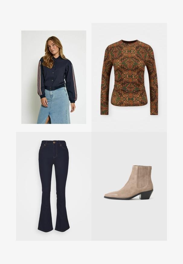 Námořnická bomber bunda s knoflíkovým zapínáním, s červenými a bílými pruhy na rukávech. Měkká látka, žebrované manžety a zkrácená délka.; Zelený top s dlouhým rukávem, který má květinový a paisley vzor v odstínech oranžové a hnědé. Lodičkový výstřih, přiléhavý střih.; Marks & Spencer Eva - Džíny Bootcut - blue denim; Beige semišové kotníkové boty s špičatou špičkou a tvarovaným podpatkem, se svislými stehy na bocích.