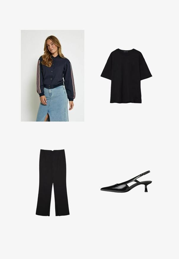 Námornícka bomber bunda s gombíkovým zapínaním, s červenými a bielymi pruhmi na rukávoch. Mäkka látka, rebrované manžety a skrátená dĺžka.; Čierne bavlnené tričko s voľným strihom, krátkymi rukávmi, zaobleným výstrihom a hladkou textúrou. Bez viditeľných vzorov alebo akcentov.; Čierne nohavice so strihom rovného strihu, s prednými vreckami a bočnými rozparkami na leme. Vyrobené z mäkkej, hladkej tkaniny. Vhodné na rôzne príležitosti.; Čierne lakované kožené lodičky na podpätku s špicatou špičkou, výrezovým dizajnom na boku a malým štvorcovým podpätkom. Hladký povrch s minimálnymi akcentmi.