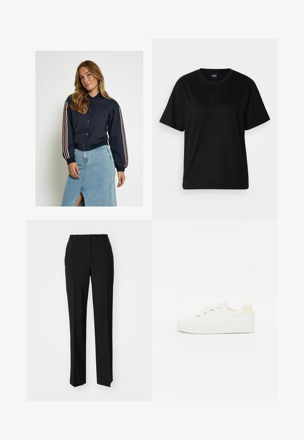 Navy bomber jacket with button closure, featuring red and white stripes on sleeves. Soft fabric, ribbed cuffs, and cropped length.; Black cotton t-shirt with a crew neckline, short sleeves, and an embroidered logo on the chest. Simple, relaxed fit with no patterns.; Black tailored trousers with a straight-leg design, featuring a smooth texture and crisp creases along the front. No visible hardware.; White sneaker with a canvas upper, round toe, and flat rubber sole. Features gold eyelets and a light beige heel accent.