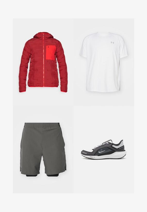Punainen pehmustettu takki hupulla, jossa on vetoketjusuljenta ja erottuva punainen rintatasku. Sujuva pinta ja keskivahvuus.; Valkoinen lyhythihainen urheilupaita, joka on valmistettu sileästä kankaasta. Paidassa on pyöreä kaula-aukko ja harmaa logo vasemmassa rinnassa, sekä sivuhalkiot helmassa.; Harmaat urheilushortsit, joissa on sileä ja kevyt kangas, joustava vyötärö ja sisäiset kompressioprihmat sekä sivutaskut.; Musta ja harmaa urheilukenka, jossa on verkkopäällinen, heijastavat yksityiskohdat ja valkoinen välipohja. Varustettu kuvioidulla kumipohjalla ja nauhoilla.