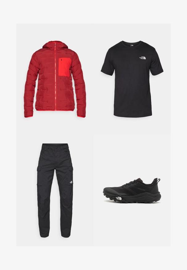 Rote gepolsterte Jacke mit Kapuze, ausgestattet mit einem Reißverschluss und einer kontrastierenden roten Brusttasche. Glatte Textur und mittlere Dicke.; Schwarzes T-Shirt mit kurzen Ärmeln aus Baumwolle, mit einem runden Ausschnitt und einem kleinen weißen Logo auf der oberen linken Brust.; The North Face EXPLORATION PANTS - Cargohose - black; Schwarzer Trailrunning-Schuh mit strukturiertem Obermaterial, Gummisohle und verstärkter Zehenkappe. Verfügt über einen gepolsterten Kragen und eine Ziehlasche für einfaches Anziehen.