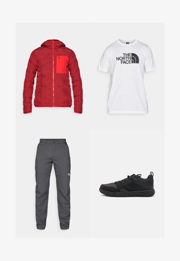 Giacca imbottita rossa con cappuccio, dotata di chiusura a zip e tasca sul petto rossa a contrasto. Texture liscia e spessore medio.; T-shirt bianca in cotone con stampa grafica nera che presenta testo e un design del logo curvo. Collo rotondo e maniche corte. Texture semplice.; Pantaloni da esterno grigi realizzati in un tessuto durevole, dotati di chiusura con bottone, passanti per cintura e un logo vicino alla parte inferiore della gamba.; Scarpa sportiva nera con parte superiore in mesh e suede, dotata di zone rinforzate, punta arrotondata, suola testurizzata e linguetta sul tallone.