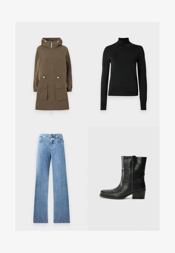 Brown parka jacket with a hood, zip closure, two front pockets, adjustable drawstrings, and elastic cuffs. Made from a textured fabric.; Black long-sleeve turtleneck sweater with ribbed cuffs and hem, displayed on a plain white background.; Light blue denim jeans with a wide-leg design, five pockets, belt loops, and a button closure. The fabric has a smooth texture.; Black leather ankle boot with a rounded toe, block heel, side zipper, and stitching accents on the vamp. Smooth texture, classic design.