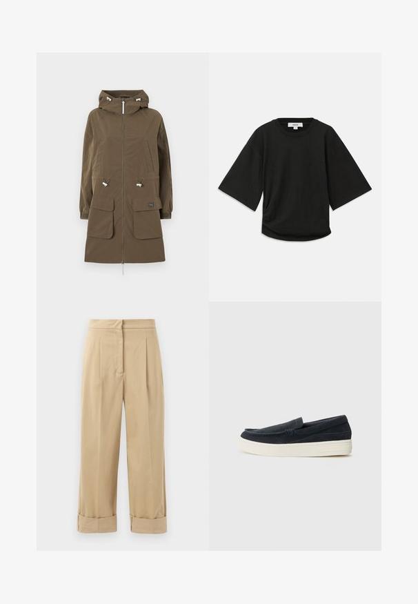 Barna parka dzseki kapucnival, cipzáras záródással, két elülső zsebbel, állítható húzózsinórral és rugalmas mandzsettával. Strukturált szövetből készült.; Fekete, rövid ujjú póló puha pamutból, lekerekített nyakkal és laza szabással, oldalán finom ráncolással.; Beige, bőszárú nadrág, két elülső redővel, felgöngyölt szárakkal és sima textúrával. Könnyű anyagból készült, amely kényelmes viseletet biztosít.; Sötétkék velúr belebújós cipők kerek orral, kontrasztos fehér gumitalppal és minimális varrási részletekkel a varratok mentén.