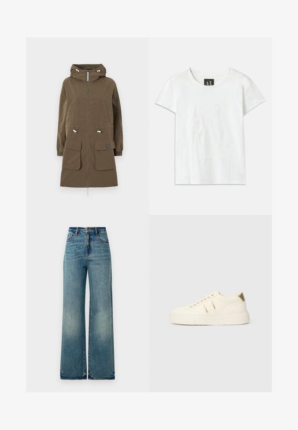 Brun parka-jakke med hette, glidelås, to frontlommer, justerbare snorer og elastiske mansjetter. Laget av et teksturert stoff.; Hvit bomulls t-skjorte med korte ermer, med en hevet logo "AX" foran og teksten "ARMANI EXCHANGE" under i et subtilt design.; Lys blå denim vidt bukser med høy midje, fem lommer og lett frayed hem, som viser en teksturert, falmet finish.; Kremfargede lave sneakers med gullakenter, snørebånd og preget "Armani Exchange" merkevare på sålen og sidepatchen.