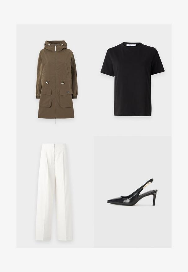 Jachetă parka maro, cu glugă, închidere cu fermoar, două buzunare frontale, șnururi reglabile și manșete elastice. Fabricată dintr-un material texturat.; Tricou negru cu manșon scurt, fabricat din bumbac moale, având un guler rotund, o croială lejeră și o textură netedă. Fără modele sau grafice vizibile.; Pantaloni albi cu picioare largi, cu talie înaltă, cu plissuri frontale și o textură netedă, confecționați dintr-un material ușor.; Pantofii cu toc înalt din piele neagră, cu spatele descoperit, având vârful ascuțit, textură netedă și o curea îngustă pentru glezna cu accente aurii.