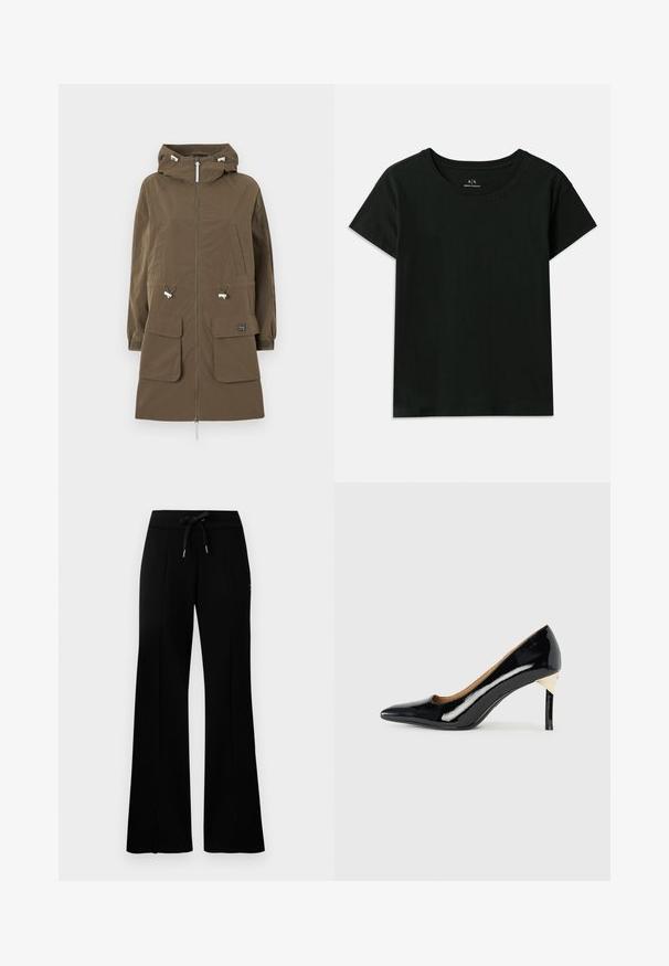 Bruine parka-jas met een capuchon, ritsluiting, twee voorkloozen, verstelbare koordjes en elastische manchetten. Gemaakt van een gestructureerde stof.; Zwarte T-shirt met korte mouwen van katoen. Heeft een ronde hals en het reliëf "Armani Exchange"-logo langs de schouder. Eenvoudig ontwerp.; Zwarte brede sweatpants met een tailleband met veters, zijslitsaccenten, zachte stof en een strakke uitstraling.; Zwarte lakleren hoge hak met een puntige neus en uitsnijdingen; voorzien van een stijlvolle gouden accent op de hak. Eenvoudig en elegant.