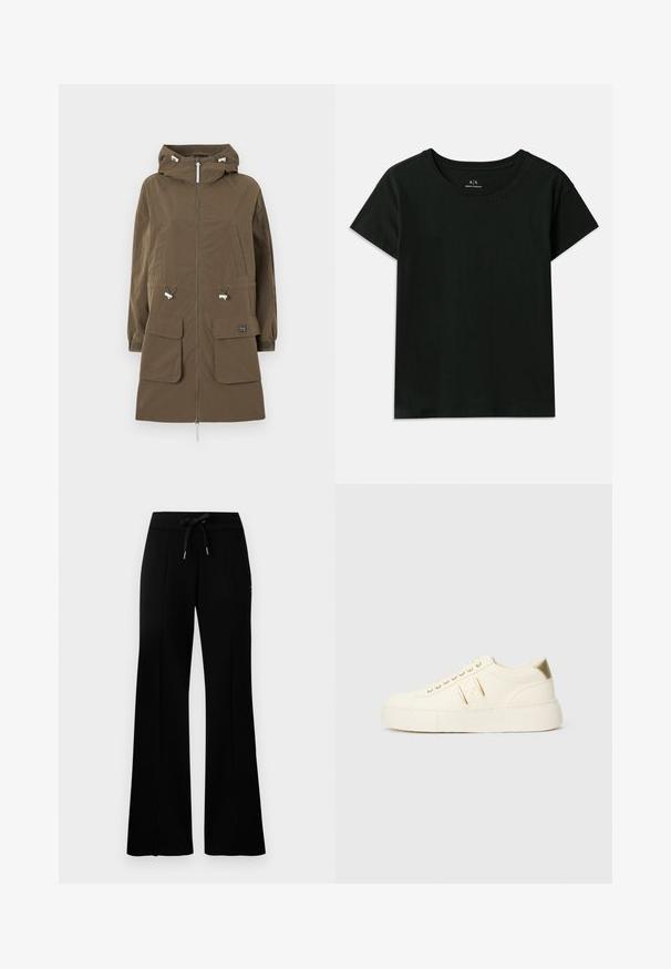Parka marrón con capucha, cierre de cremallera, dos bolsillos frontales, cordones ajustables y puños elásticos. Hecho de una tela texturizada.; Camiseta negra de manga corta hecha de algodón. Presenta un cuello redondo y texto en relieve "Armani Exchange" a lo largo del hombro. Diseño simple.; Pantalones de chándal anchos y negros con cintura elástica y cordón, acentos de abertura lateral, tela suave y un diseño elegante.; Zapatilla baja color crema con detalles en dorado, cordones y logo de "Armani Exchange" grabado en la suela y en el parche lateral.