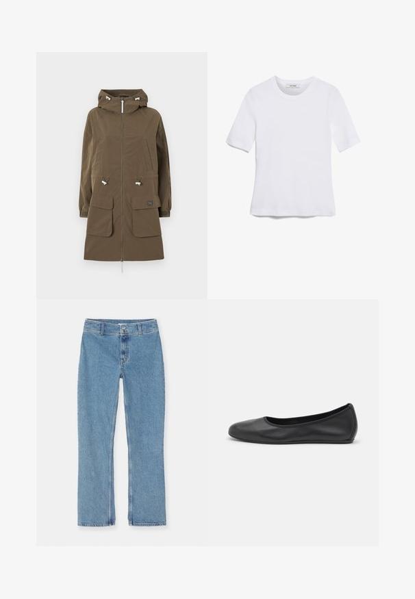 Brązowa parka z kapturem, zamek błyskawiczny, dwie przednie kieszenie, regulowane sznurki i elastyczne mankiety. Wykonana z teksturowanej tkaniny.; Biała koszulka krótki rękaw wykonana z materiału prążkowanego. Okrągły dekolt, regularny krój i subtelne detale szwów. Bez wzorów ani grafik.; Jasnoniebieskie dżinsy z prostymi nogawkami, zapinane na guzik i zamek, z paskami do pasa oraz standardowym szwem na białym tle.; Czarne skórzane baletki z zaokrąglonym noskiem, gładką fakturą, minimalnymi przeszyciami i elastycznym designem podeszwy.