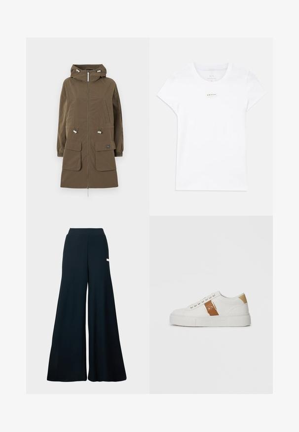 Hnedá parka s kapucňou, so zipsovým zapínaním, dvomi prednými vreckami, nastaviteľnými šnúrkami a elastickými manžetami. Vyrobená z textúrovanej tkaniny.; Biela tričko s krátkym rukávom vyrobené z jemnej bavlny, so malou značkovou etiketou vpredu, okrúhlym výstrihom a klasickým strihom.; Široké nohavice v tmavomodrej rebrovanej látke, so zvýšeným pásom a nenápadným postranným brandingom. Hladká textúra a plná dĺžka.; Biele nízkopodrážkové tenisky s béžovým opätkom, hnedým koženým pásikom so zlatou sponou a značkou A|X, a embosovanou podrážkou Armani Exchange.