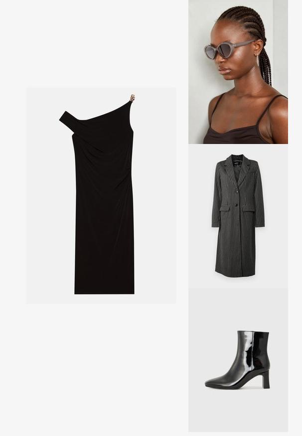 Casaco justo preto risca de giz com lapelas, duas bolsos frontais e dois botões. Feito de tecido texturizado, oferecendo uma silhueta estruturada.; Vestido preto de um ombro, feito de tecido drapeado, com um detalhe dourado no ombro, textura suave e design até ao joelho.; Botim de tornozelo em pele sintética preta com bico apontado e salto bloco de altura média. Textura suave e design minimalista.; Óculos de sol cinzentos de tamanho oversized com uma forma arredondada e lentes escuras. Armação de plástico elegante com um acabamento suave. O modelo tem cabelo trançado.