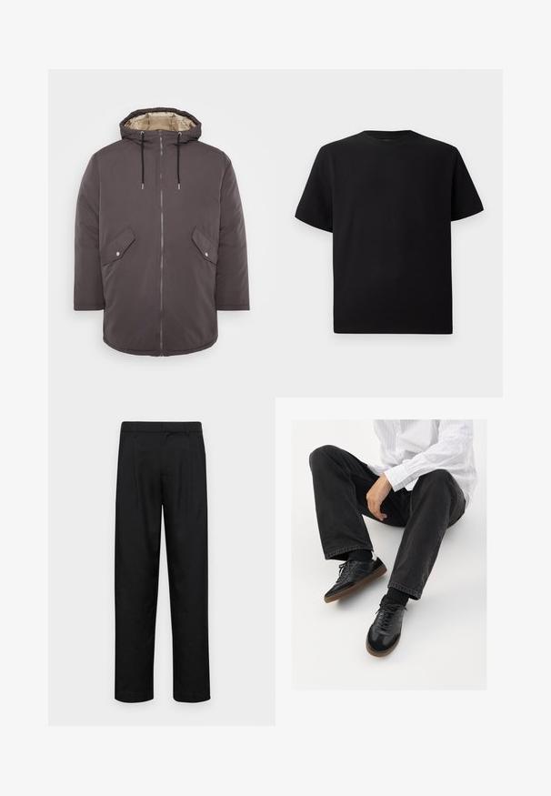 Jack & Jones JJLOOP - Talvemantel - mulch; Must have lühikeste varrukatega must T-särk, mis on valmistatud tekstuursetest materjalidest, ümmarguse kaelusega ja lõdva lõikega. Lihtne, ilma mustrite või aktsentideta.; Mustad mustadest riietest, millel on sirge jalgade disain, kaks eesmist voltimist ja tavaline vöökoht, millel on vöökohad.; Mustad spordijalatsid siledast ja tekstuurilisest ülemisest osast, millel on kummist tald ja tumedad nöörid. Kombineeritud mustade teksade ja valge triibulise särgiga.