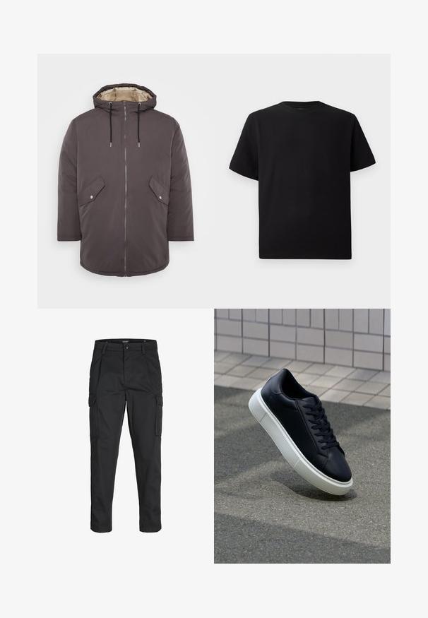 Jack & Jones JJLOOP - Žieminis paltas - mulch; Juodas trumpomis rankovėmis marškinėliai, pagaminti iš tekstūruotos medžiagos, su apvaliu iškirpimu ir laisvu siluetu. Paprasti, be raštų ar akcentų.; Juodi krovinių tipo džinsai, pagaminti iš tvirto audinio, su keliais kišeniais, mygtuko uždarymu ir siauru, prigludusiu dizainu su siaurėjančiomis kojomis.; Juodas odinis sportbačius su apvaliu pirštu ir baltu gumuotu padu. Turi plokščias raišteles ir minimalų siuvimą viršuje. Padangos tekstūra užtikrina sukibimą.