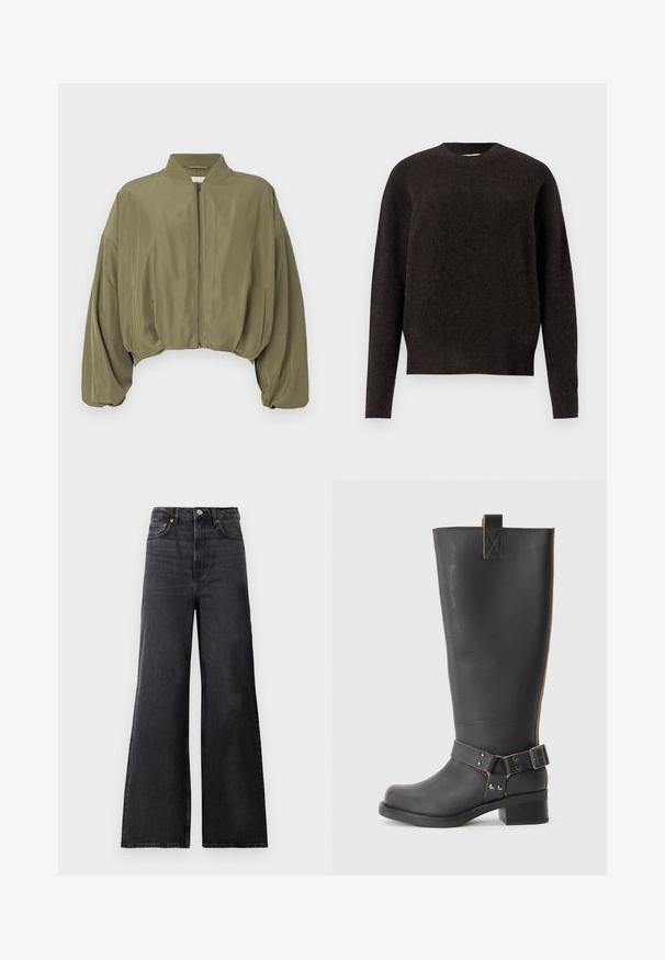 Giacca bomber cropped verde oliva, con zip frontale, colletto a coste e maniche a palloncino. Tessuto liscio con cuciture minime.; Samsøe Samsøe ANOUR - Maglione - black coffee; Jeans flared in denim nero con vita alta, dotati di chiusura a bottone metallico, tasche frontali e leggera scoloritura sul tessuto.; Stivale nero in pelle alta fino al ginocchio con finitura texturizzata, caratterizzato da un'accento a fibbia laterale e un tacco basso. Cuciture dettagliate lungo le cuciture.
