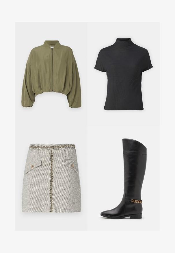 Olive green cropped bomber jacket, featuring a zip front, ribbed collar, and balloon sleeves. Smooth fabric with minimal seams.; Black short-sleeve turtleneck top made of lightweight fabric with a smooth texture and a fitted shape, featuring a high neckline.; Woven tweed skirt in white and black herringbone pattern, features two front pockets and a gold-tone zipper at the back with frayed edges.; Tall black leather boots with a sleek design, pointed toe, and a gold chain accent at the ankle. Low block heel. Smooth texture.