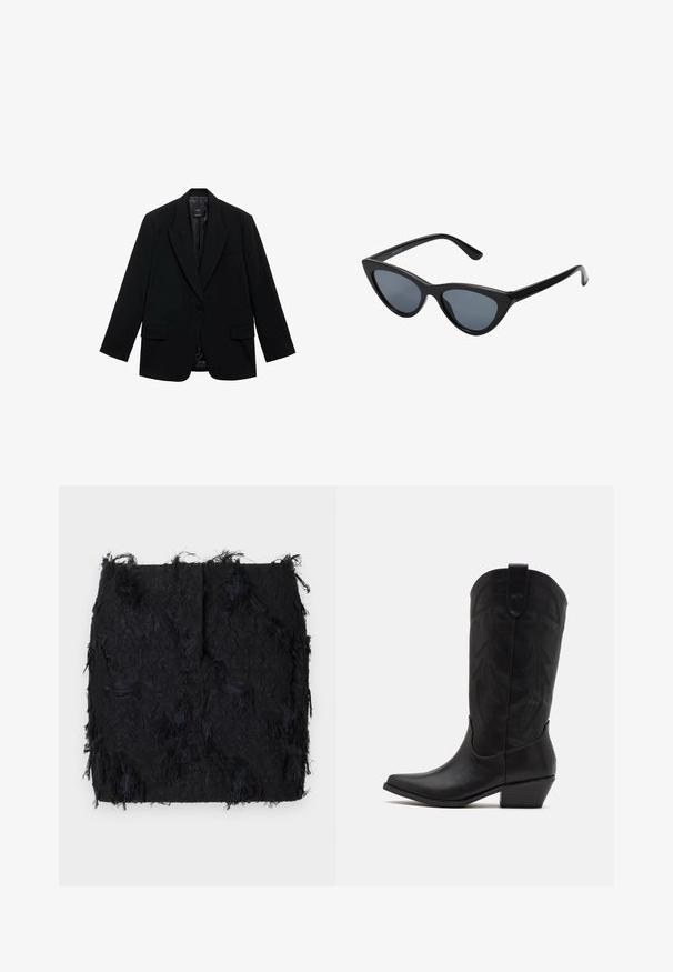 Černý blejzr vyrobený z hladké látky, s jedním knoflíkem, ušima na flíčku a dvěma předními kapsami.; Dvě bezrukávové žebrované roláky v hnědé a černé barvě, vystavené na bílém pozadí.; Černá texturovaná sukně s vrstveným třásňovým designem a mírně nepravidelným lemováním, vyrobená z lehkého materiálu.; Černá kožená cowboyská bota s špičatou špičkou, nízkým hromadným podpatkem a složitým embosovaným listovým vzorem na holeni. Očko nahoře pro snadné obouvání.; Černé sluneční brýle ve stylu "cat-eye" s tmavě šedými skly, elegantním plastovým rámečkem, špičatými rohy a rovnými stranami. Bez viditelného kování nebo ozdob.; Burgundské kožené kabelka s zakřiveným tvarem, zlaté detaily na kovových prvcích a zipovým uzávěrem. Obsahuje odnímatelný ramenní popruh.
