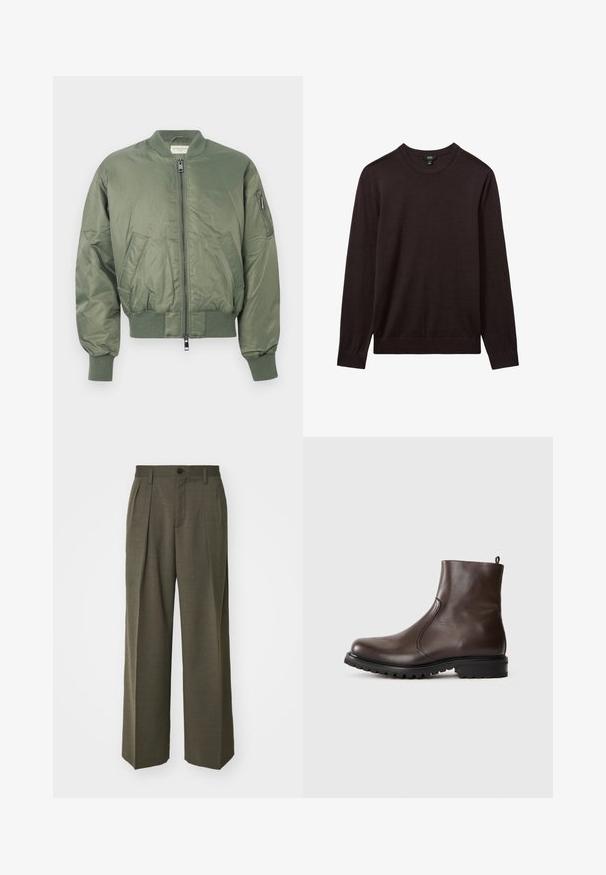 Roheline pommitaja jakk, mis on valmistatud siledast nailonist, esitasku, soonikkoes varrukad ja hem, kaks esitaskut ja tõmblukuga varrukatasku.; Reiss Džemper - dark bordeaux; Filippa K WIDE TROUSERS - Püksid - driftwood; Pruun nahkane sääreking, millel on sile tekstuur, elastsed külgpaneelid, tõmbetabin taga ja robustne kummitald.