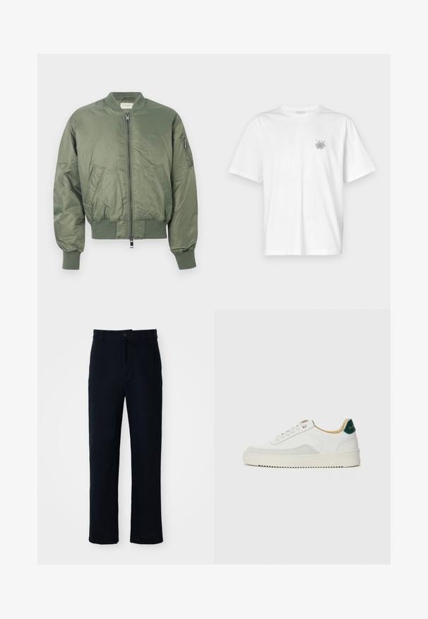 Jachetă bomber verde din nylon neted, cu fermoar în față, mansete și tiv din materiale ribbate, două buzunare frontale și un buzunar cu fermoar pe mânecă.; Tricou alb din bumbac, cu mâneci scurte, guler rotund și un mic logo gri în zona stângă a pieptului. Textură netedă.; Pantaloni bleumarin din bumbac, cu un design drept, închidere frontală cu nasture și talie clasică cu bucle pentru curea.; Sneaker alb cu accente din suede, vârf rotund, șireturi plate și o talpă din cauciuc crem. Are un logo verde pe călcâie.