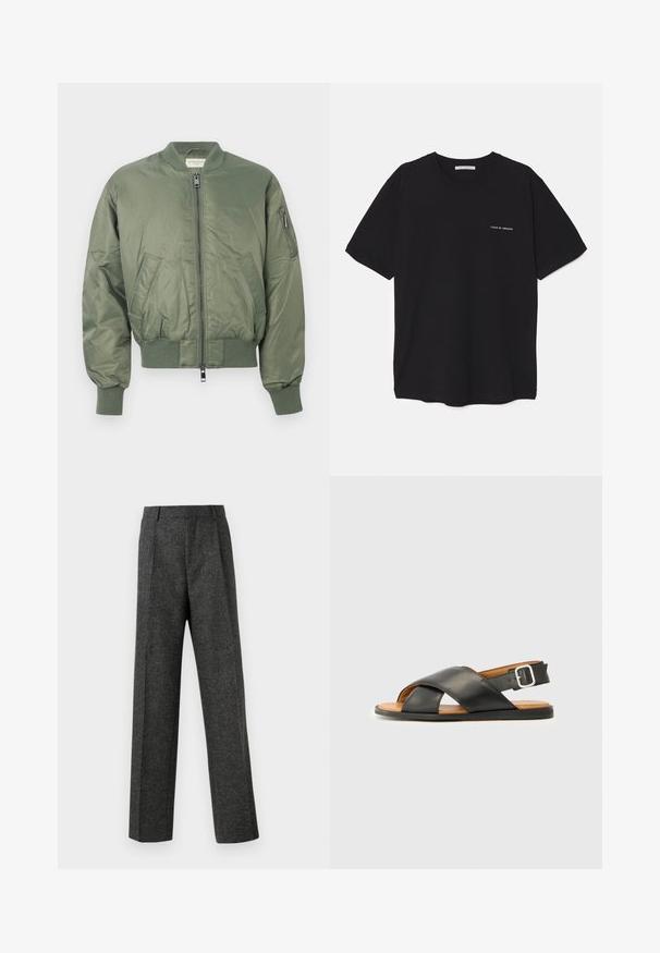 Πράσινο bomber jacket από λείο νάιλον, που διαθέτει μπροστινό φερμουάρ, ραμμένες μανσέτες και στρίφωμα, δύο μπροστινές τσέπες και τσέπη με φερμουάρ στη μανίκι.; Μαύρο βαμβακερό T-shirt με στρογγυλή λαιμόκοψη, κοντά μανίκια και λευκή εκτύπωση λογότυπου στην αριστερή πλευρά του στήθους. Απλός, μονόχρωμος σχεδιασμός.; Γκρι tailored παντελόνι από υφασμάτινη υφή, με δύο καμπυλωτές πτυχές μπροστά και ίσια γραμμή. Χωρίς ορατές τσέπες ή διακοσμητικά στοιχεία.; Μαύρο δερμάτινο πέδιλο με σταυρωτές λωρίδες, ανοιχτό μπροστά και λουράκι στον αστράγαλο με μεταλλικό άγκιστρο. Καφέ πάτος και μαύρη σόλα. Απλός σχεδιασμός.