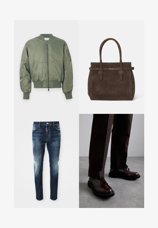 Veste bomber verte en nylon lisse, avec une fermeture éclair sur le devant, des poignets et un ourlet côtelés, deux poches avant et une poche à fermeture éclair sur la manche.; Débardeur sans manches en coton blanc avec un col rond, présentant une texture lisse et une coupe ajustée, conçu pour un usage décontracté.; Jean en denim bleu foncé à coupe slim, avec des zones décolorées sur les cuisses et les genoux, cinq poches et une fermeture à bouton en métal.; Chaussures en cuir marron à lacets avec une finition brillante, semelle en caoutchouc noire et coutures discrètes. Portées avec un pantalon marron à rayures.; Sac fourre-tout en suède marron foncé avec des anses doubles et une sangle horizontale surmontée d'une petite plaque en or portant le logo DSQUARED2.