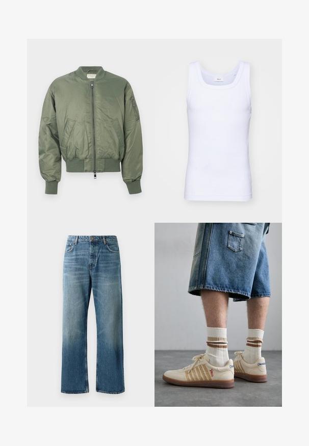 Giacca bomber verde in nylon liscio, con chiusura frontale a zip, polsini e orlo a coste, due tasche frontali e una tasca con zip sulla manica.; Canottiera bianca in cotone senza maniche con scollatura rotonda, caratterizzata da una texture liscia e una vestibilità aderente, progettata per l'abbigliamento casual.; Jeans a palazzo azzurri chiari con lavaggio sbiadito, dotati di chiusura con un bottone, cinque tasche e cuciture in contrasto.; Sneaker retro beige con suola in gomma marrone, dotate di dettagli a righe e loghi ricamati. Indossate con calze bianche e dettagli marroni a righe.