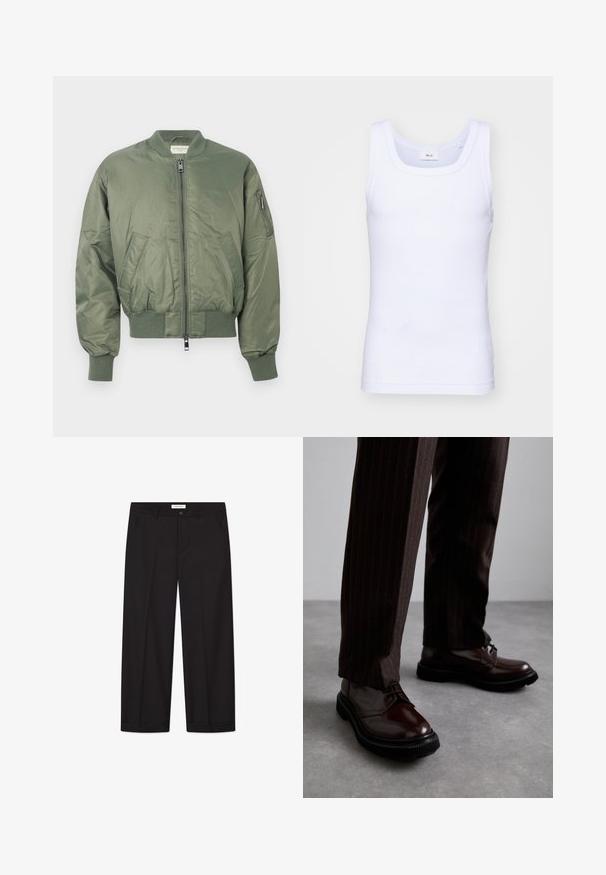 Žalios bomber tipo striukės, pagamintos iš lygaus nailono, su priekiniais užtrauktukais, gumuotais rankogaliais ir apatine dalimi, dviem priekinėmis kišenėmis ir užtrauktuku užsegama kišene ant rankovės.; Balti medvilninė be rankovių marškinėliai su apvaliu iškirpimu, pasižymintys lygiu tekstūru ir prigludusia forma, skirti kasdieniam dėvėjimui.; Juodi plačios kelnės, pagamintos iš lygaus audinio. Įrengtas sagtys ir užtrauktukas, dvi priekinės kišenės ir aštrus kraštas.; Rudos odinės bateliai su raišteliais, blizgiu paviršiumi, juoda gumine absorbcija ir subtilia siūle. Dėvimi su rudos spalvos dryžuotomis kelnių.