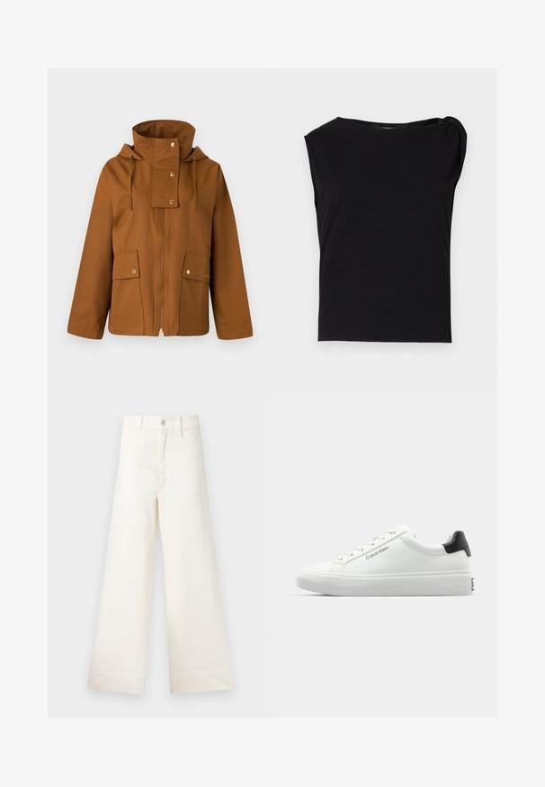 Brown zip-up jacket with a high collar, drawstring hood, and two front pockets. Made of smooth fabric with gold hardware accents.; Black short-sleeve top made of smooth fabric. Features a round neckline and draped detail on the shoulder. Simple, fitted design.; Wide-leg trousers in light beige cotton. Features a high waist, front pockets, and a straight cut. Clean hem finishing without patterns.; White sneaker with a smooth finish, black heel accent, and lace-up design. Features "Calvin Klein" branding on the side. Minimalist style.