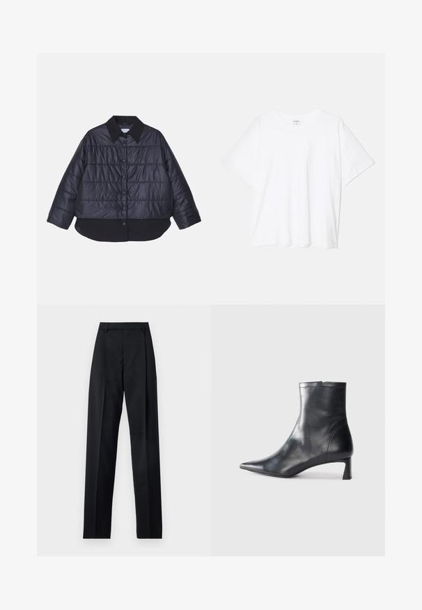 ASPESI JAYLA - Giacca da mezza stagione - navy; T-shirt bianco in cotone con maniche corte, scollo rotondo, vestibilità comoda e orlo cucito. Etichetta visibile all'interno del colletto.; Pantaloni neri realizzati in tessuto morbido, caratterizzati da vita alta, gambe larghe, pince frontali e classiche passanti per cintura. Non ci sono tasche laterali visibili.; Stivaletto in pelle nera con punta affusolata e design elegante. Presenta un tacco basso e una chiusura con zip sul retro. Texture liscia.