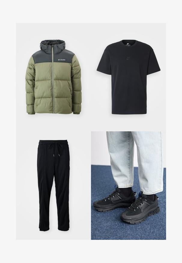 Casaco puffer verde com capuz preto e parte superior preta. Apresenta um fecho de correr na frente e punhos elásticos, feito de tecido leve e texturizado.; T-shirt de algodão preto da Nike com um clássico decote redondo, mangas curtas e um logótipo em relevo discreto no peito. Textura suave.; Calças casuais pretas com cordão na cintura, com bolsos laterais e corte reto, sobre um fundo simples.; Sapatilhas desportivas pretas com tecido texturizado e solas em borracha, apresentando atacadores elásticos e um detalhe azul no calcanhar. Usadas com calças de ganga claras.