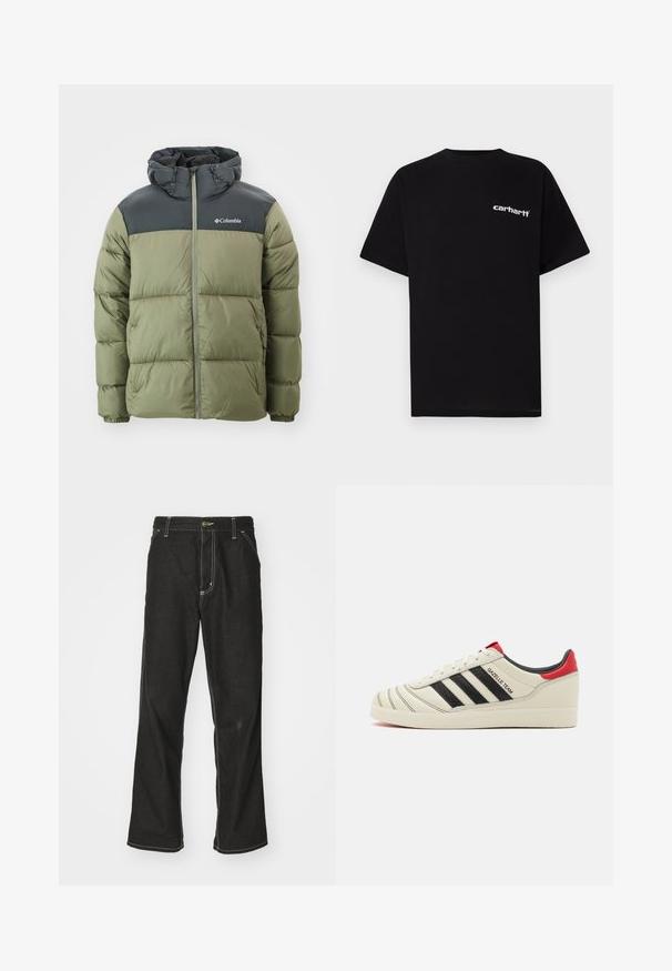 Zielona kurtka puchowa z czarnym kapturem i górną częścią. Posiada zamek błyskawiczny z przodu oraz elastyczne mankiety, wykonana z lekkiego, teksturowanego materiału.; Czarny bawełniany t-shirt z krótkimi rękawami, okrągłym dekoltem i białym logo „Carhartt” na lewej piersi. Gładka tekstura, minimalistyczny design.; Czarne dżinsy o luźnym kroju, z kontrastującymi białymi szwami, z zapięciem na guzik i prostą nogawką.; Kremowe skórzane sneakersy z czarnymi paskami, czerwonymi akcentami na pięcie i teksturowanymi detalami. Posiadają gumową podeszwę i sznurowane zapięcie.