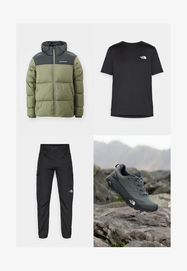 Zelena napihnjena jakna z črno kapuco in zgornjim delom. Ima sprednji zadrgo in elastične manšete, izdelana iz lahke, teksturirane tkanine.; Črna kratkosleevena majica iz lahkotnega materiala. Ima majhen bel logo na levem prsnem delu in diskretne poudarke na ramenskem predelu.; The North Face HORIZON PANT - Hlače za na prostem - black; Sive teka za trail tek, z teksturirano zgornjimi deli, trpežnim gumijastim podplatom in ojačanim kapico za prste. Ima vezi in logotip blagovne znamke na strani.