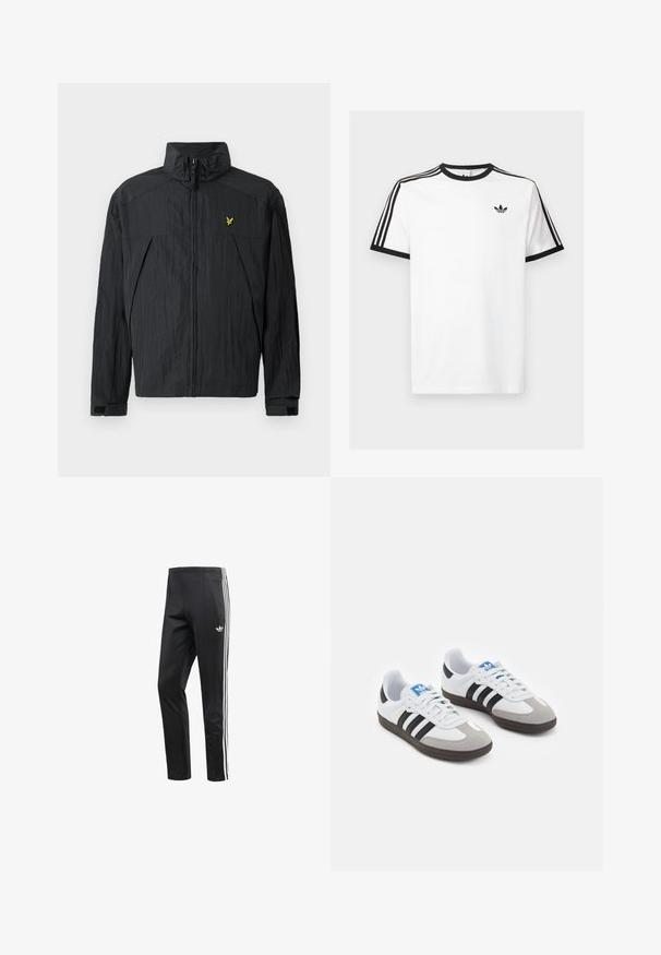 Black lightweight jacket with a crinkled texture, high collar, front zipper, and a small yellow logo accent on the chest.; White cotton t-shirt with black ribbed neckline and sleeves, featuring three black stripes on each shoulder and a small logo on the chest.; Black athletic pants with white three-stripe accent on the sides, elastic waistband, and a small logo near the hip. Smooth fabric texture.; Sport shoes with a white leather upper, gray suede toe, and three black stripes. Features a blue logo on the tongue and a textured rubber sole.